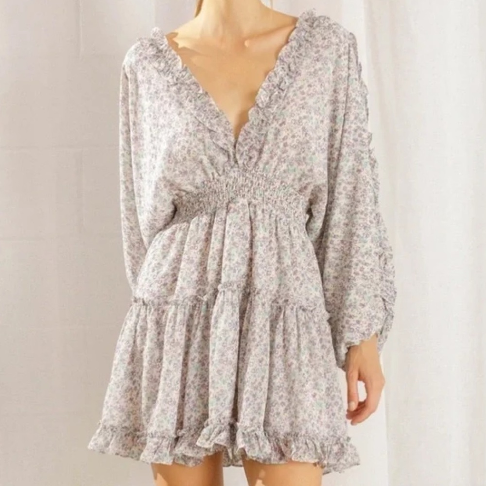 Storia Jade Floral Babydoll Mini Dress S Balloon Sleeve Tie Back
